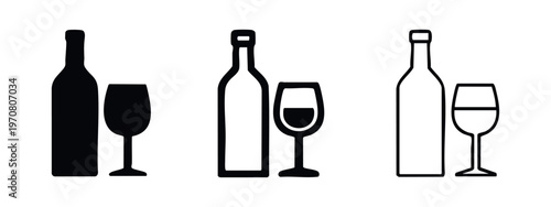 Wine bottle and glass icon set in solid, thick outline, and thin outline styles, perfect for menus and beverage themes.