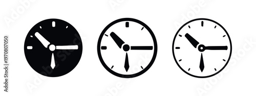 Classic analog clock icon set with two hands and minute markers, available in filled, thick outline, and thin outline styles.