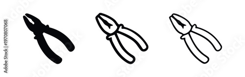 Side cutting pliers icon set in various design styles: filled, thick outline, and thin outline, isolated on white.