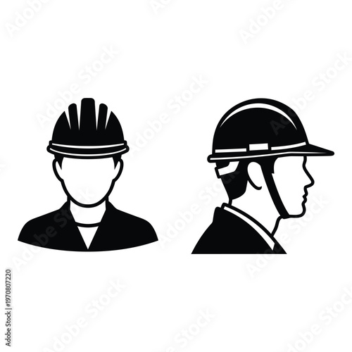 Two black and white icons depicting construction workers wearing protective helmets