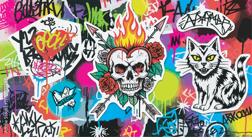 Urban graffiti art with skulls, roses, and black cat stickers eps 10