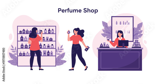 Scenes from a modern perfume boutique showing customers browsing various fragrance bottles and a helpful salesperson working at the counter.