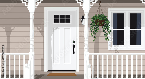 Cozy residential house porch featuring a classic white door with windows and a lush hanging plant on a sunny day.