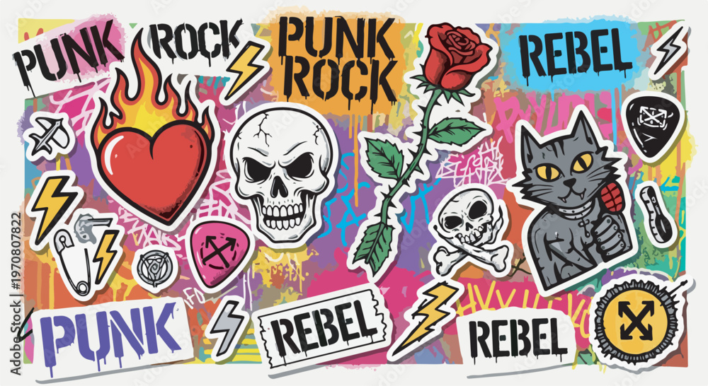 Fototapeta premium Urban graffiti art with skulls, roses, and black cat stickers eps 10