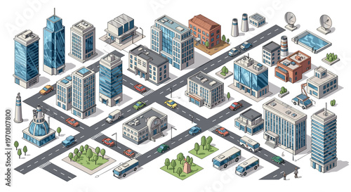 Large isometric city map illustration including residential buildings skyscrapers parks roads and industrial sites.