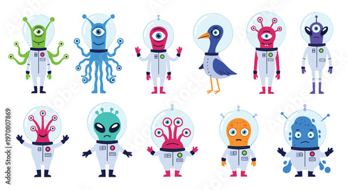 Set of diverse cartoon alien characters in various space suits and helmets for cosmic adventure illustrations.