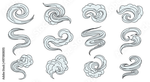 Hand drawn vector collection of different smoke steam and cloud swirls for atmospheric graphic design elements.