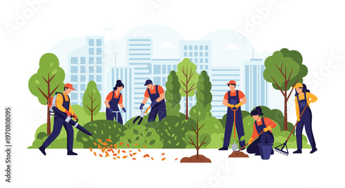 Group of professional gardeners and landscapers maintaining a city park with leaf blowers and planting tools.