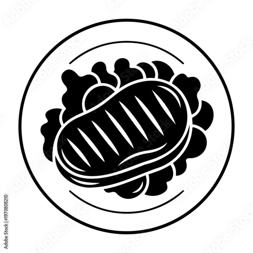 Grilled Beef Steak On A Plate With Lettuce Garnish Black And White Vector Icon