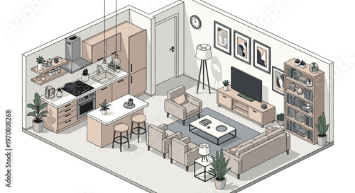 Stylish isometric interior design of a modern studio apartment combining the kitchen and living room areas.