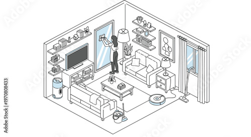 Detailed line art illustration of a modern living room interior being cleaned with a vacuum and dusting cloth.