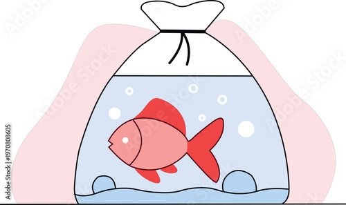 Cute cartoon goldfish in a plastic bag with water and bubbles for aquarium or pet store