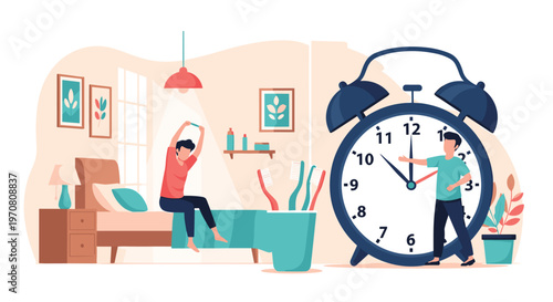 Person waking up in a bedroom next to a giant alarm clock being adjusted by a small character for time management.