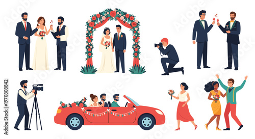Diverse set of wedding celebration characters and scenes including the ceremony photography and the couple.