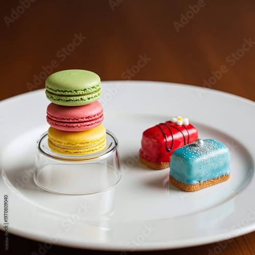 Colorful macarons and miniature pastries isolated on white background