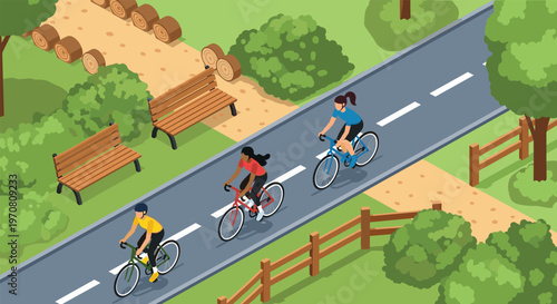 Isometric scene of diverse people cycling on a dedicated asphalt bike path through a green suburban city park.