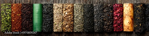 Variety of tea leaves on wooden background assorted colors and textures herbal and caffeinated options