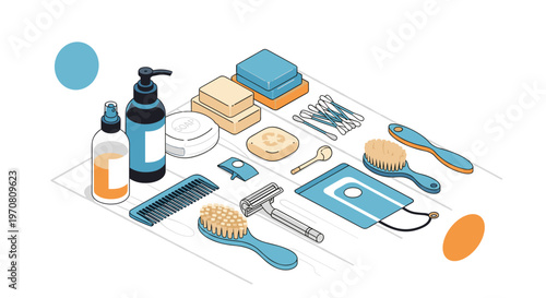 Isometric arrangement of various personal hygiene and grooming products including soap razors and hair brushes.