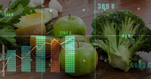 Heads-up display appearing over produce and animating food price graphs with rising currency labels