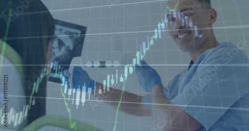Dentist pointing to X-ray rotating model and showing findings causing charts sweeping then receding