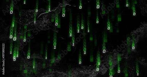 Top digits sparking streams, green binary rain falling, showing data flow over dark backdrop