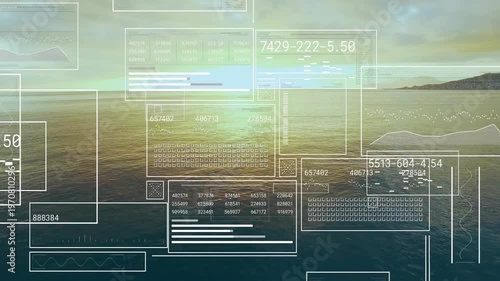 Sun rising driving white HUD over sea, panels layering numbers, circular gauge, visualizing data
