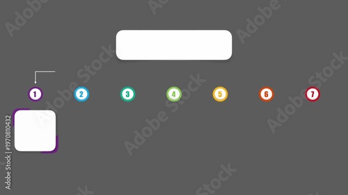 animated video of business infographics white and grey rectangle shape with multi color label 7 steps  for workflow, presentation, 4k animation