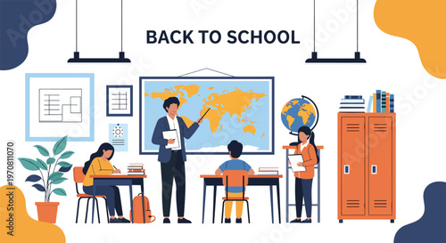 Educational scene of a classroom with a teacher pointing at a world map while students sit at their desks.
