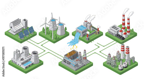 Isometric diagram showing various renewable and non renewable energy power plant sources connected in a grid.