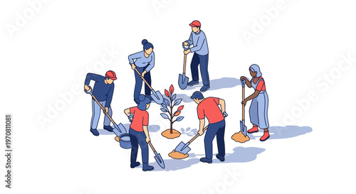 People Planting Tree Together Outdoors.