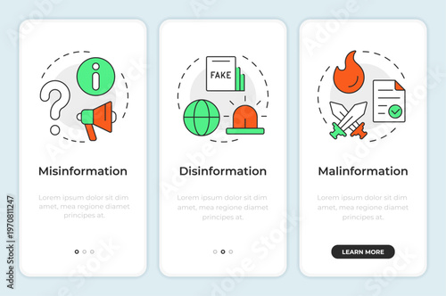 Information disorder onboarding mobile app screen. Social media. Walkthrough 3 steps editable graphic instructions with linear concepts. UI, UX, GUI. Montserrat SemiBold, Regular fonts used