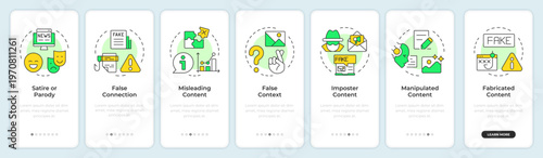 Seven types of misinformation onboarding mobile app screen. Walkthrough 7 steps editable graphic instructions with linear concepts. UI, UX, GUI. Montserrat SemiBold, Regular fonts used