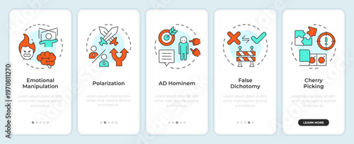 Common misinformation techniques onboarding mobile app screen. Walkthrough 5 steps editable graphic instructions with linear concepts. UI, UX, GUI. Montserrat SemiBold, Regular fonts used