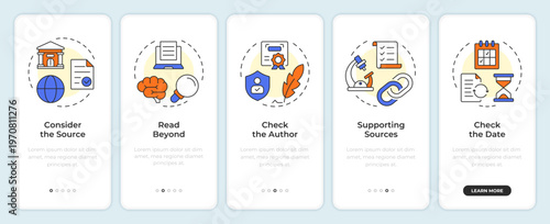 Fake information identification onboarding mobile app screen. Walkthrough 5 steps editable graphic instructions with linear concepts. UI, UX, GUI. Montserrat SemiBold, Regular fonts used