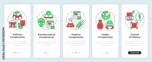 Types of conspiracy theories onboarding mobile app screen. Walkthrough 5 steps editable graphic instructions with linear concepts. UI, UX, GUI. Montserrat SemiBold, Regular fonts used
