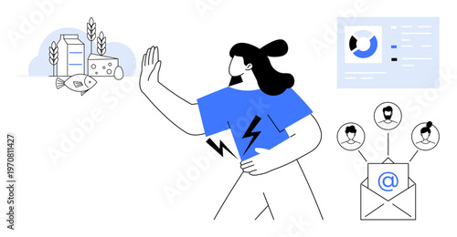 Food allergy awareness. Highlighting food allergens thumbs up fish, dairy, and nuts with a woman avoiding risks. Food allergy education, allergen identification, and dietary safety in health