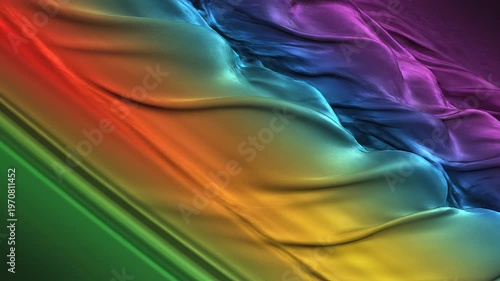 Abstract background with diagonal textured stripes featuring a vibrant rainbow gradient of green, orange, red, yellow, blue, and purple with a glossy fluid metallic sheen surface.