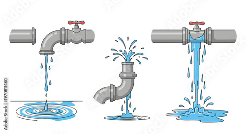 Vector illustration of various plumbing issues featuring metallic pipes leaking water and splashing onto the floor with a red valve handle.
