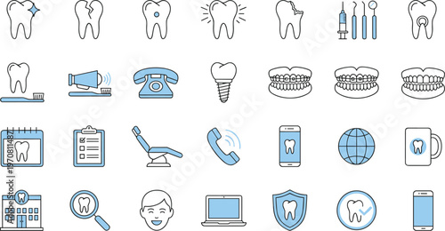 Dental care icons set featuring teeth, implants, dentures, braces, tools, chair, shield, technology, office items, oral health symbols