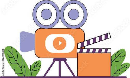 Film camera with clapper board and green leaves on tripod stand