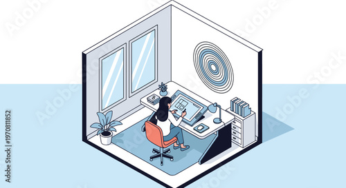 Creative professional works at a digital drawing tablet in a cozy home office featuring a modern desk setup, indoor plants, and clean decor.