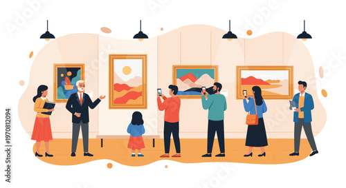 Visitors explore an art gallery where an elderly guide explains paintings while people take photos of colorful landscapes with their smartphones.