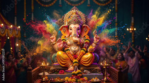 Divine Ganesha Idol, Colorful Powder Burst, and Joyful Festival