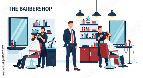 Barbershop interior shows professional barbers cutting hair for male clients in a stylish setting with mirrors, chairs, and grooming products.