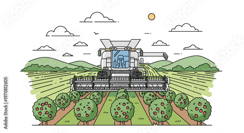 Large agricultural combine harvester operates in a vast orchard under a sunny sky to efficiently gather ripe fruit from rows of healthy trees.