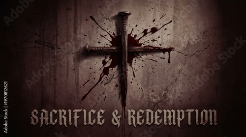 Sacrifice and redemption text with nails cross on a textured wall des