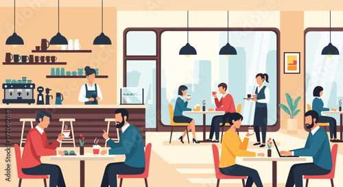 Busy coffee shop interior where people enjoy drinks and snacks while staff serve customers at tables and the counter in a modern cafe setting.