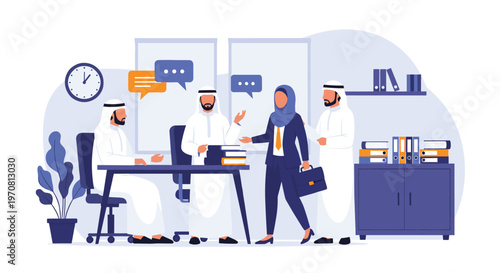Group of Arabic business professionals engaged in a discussion within a modern office environment featuring traditional attire and documents.