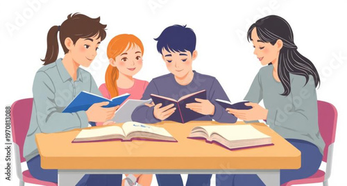 A group of diverse university students and teenagers sitting together at desks in a classroom, focused on learning and studying from books while a teacher guides the education of every child