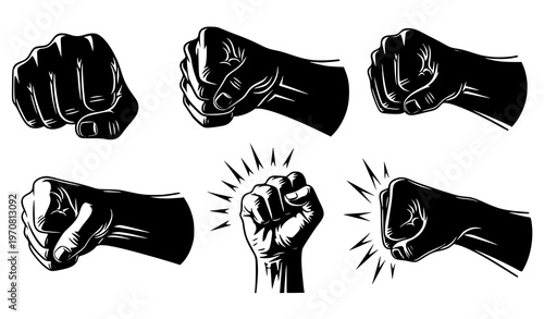 Dynamic Punch Fist Silhouette Set – Power Impact Action Vector Illustration